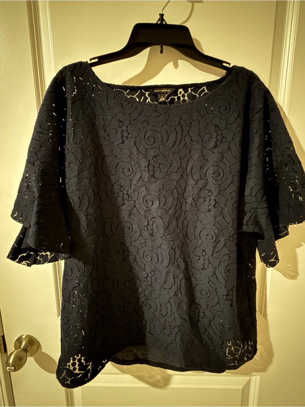 Banana Republic Navy Lace Floral Short-Sleeve Blouse